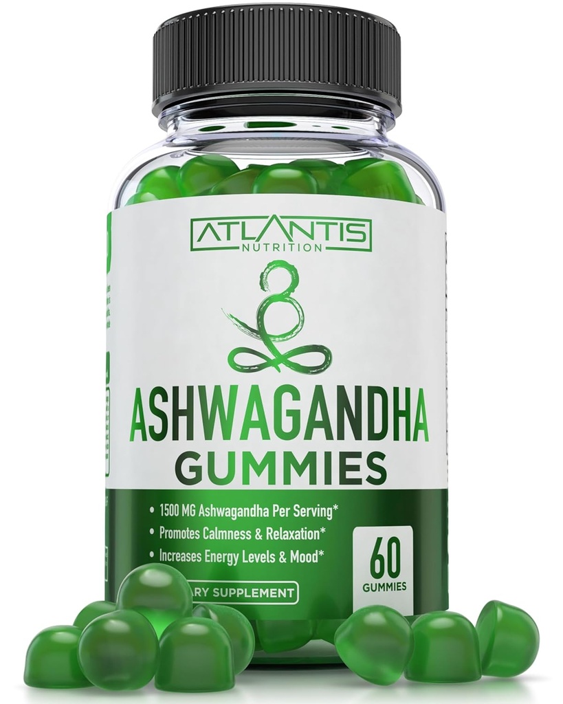 Atlantis Beslenme Ashwagandha Gummies - 1500 MG Odada - Calmness, İyileştirmeler Mood, Boosts Energy Levels & Supports Immune System - Vitamin D & çinko ile Formüled - Vegan | 60 Count