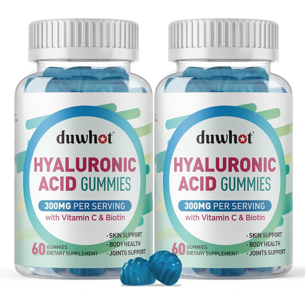Hyaluronic Acid Gummies, Hyaluronic Acid Συμπληρώματα με βιταμίνη C & Biotin 5000mcg για το δέρμα, τα μαλλιά, νύχια υγεία, συμπληρώματα αρθρώσεων για γυναίκες & άνδρες, χαμηλή ζάχαρη, Vegan, μη GMO, 60 Counts