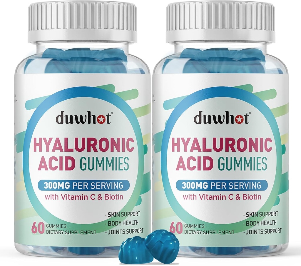 Hyaluronic Acid Gummies, Hyaluronic Acid Supplements with Vitamin C & Biotin 500006 for Skin, Saç, Nails Health, Ortaklar Kadınlar ve Erkekler için Tamamlar, Low Sugar, Vegan, Non-GMO, 60 Counts