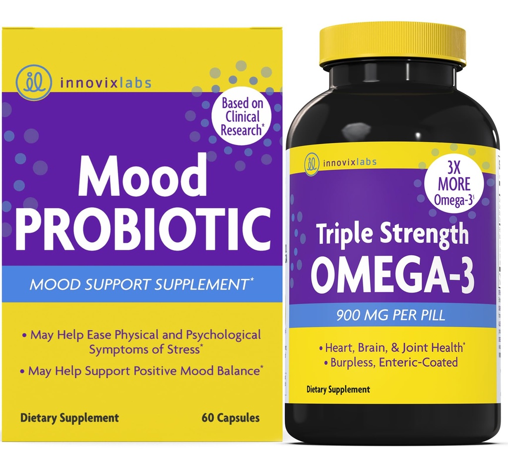 InnovixLabs Mood Probiyotik & Triple Omega Sche Mood Probiyotik (60 Capsules) Triple Strength Omega-3 Fish Oil (200 Softgel). Beyin, Ortaklar ve Immune Health *