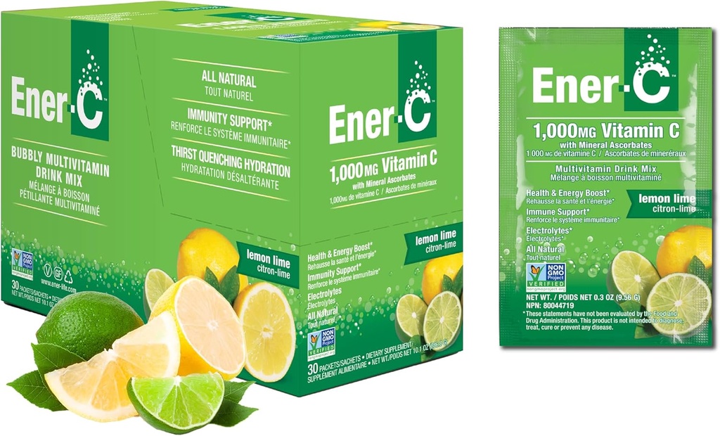 Ener-C Multivitamin Drink Mix - Βιταμίνη Πακέτα για το νερό, Ηλεκτρολυτές Powder Packets, Βιταμίνη Drink Mix, Ενυδατικό Υγρό Mix, Ανοσοποιητικό Αναμνηστικό για Ενήλικες, Υγιεινή Ενέργεια - Λεμόνι Lime, 30 Count