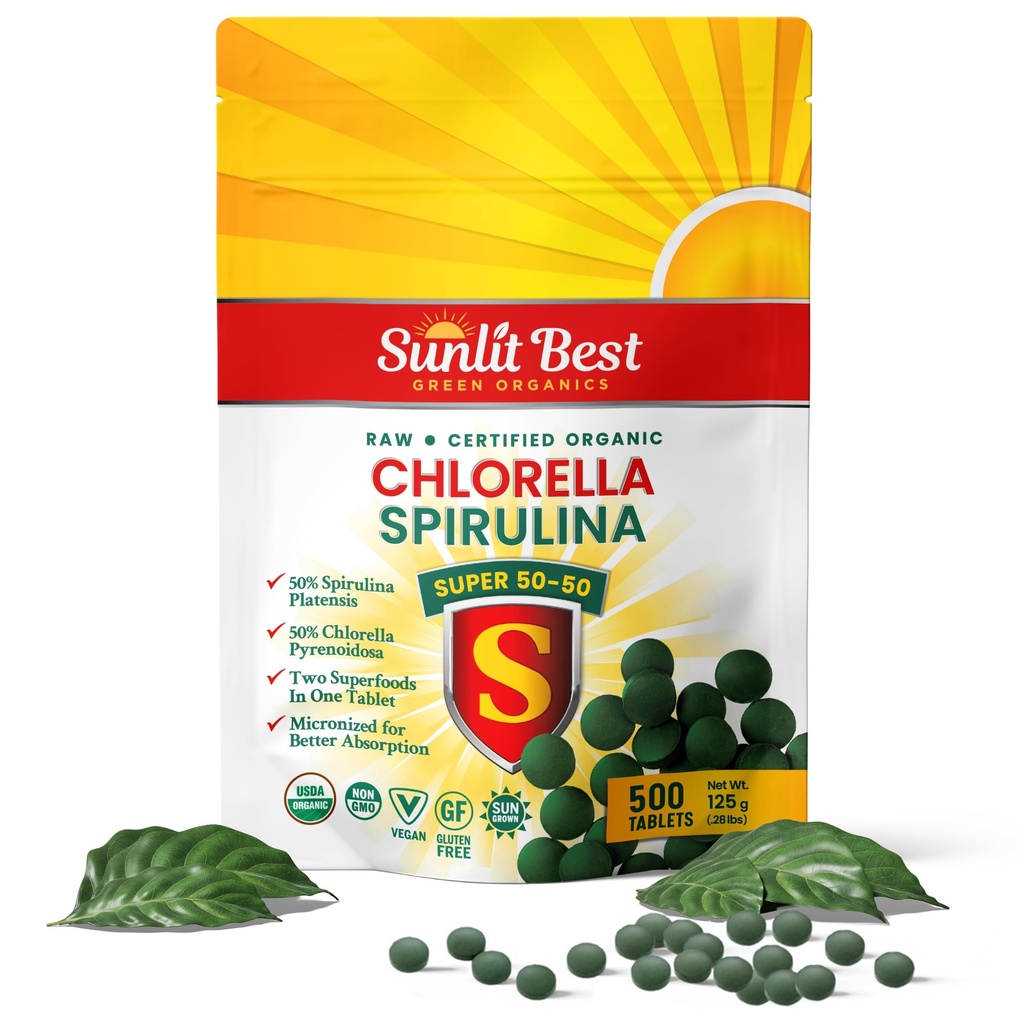 Sunlit Super 50/50 Organik Klorella Spirulina Tabletleri - Immune Support, Gut Health, Mood & Energy - Chlorophyll'ta Zengin, Amino Asits & Vegan Protein, 500 Super Tabfoods