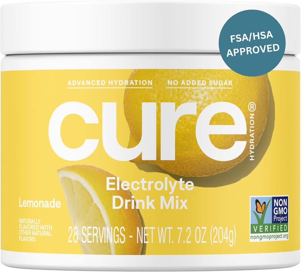 Cure Hydration | Plant-Based Electrolyte Drink Mix | Nodrew Sugar | FSA-HSA | Dehidrasyon Yardımı Tuvalet Su ile Yaptı | Non-GMO | Vegan | 28 Servisler Jar - Lemonade