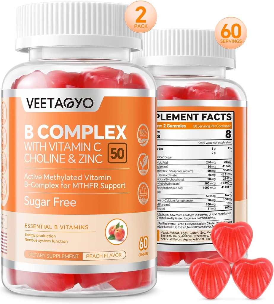B Kompleks 50 Gummies, C,Choline & çinko ile B Kompleks - Enerji için Active Methylated Support - Tüm B Vitaminleri - B1,B2,B3,B9,B12 - Sugar Free,120