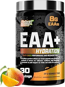 Nutrex Research EAA Hydration | EAAs + BCAA Powder | Muscle Recovery, Strength, Muscle Building, Endurance | 8G Essential Amino Acids + Electrolytes | 30 Servings It's Mango Time