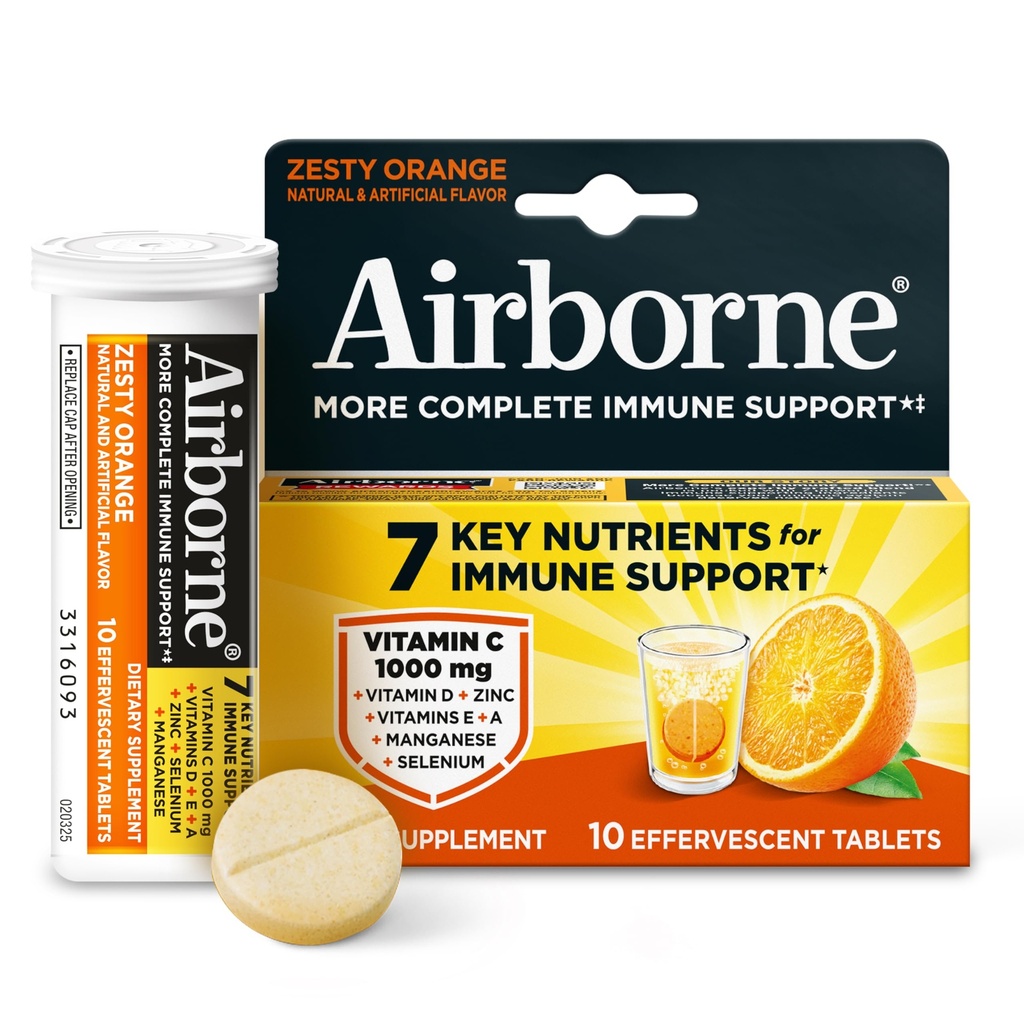 Airborne 1000mg Βιταμίνη C με βιταμίνη D & ψευδάργυρο, χωρίς ζάχαρη συμπλήρωμα πολυβιταμίνης ανοσοποίησης, Αντιοξειδωτικές Βιταμίνες A C & Βιταμίνη E, 10 Αναβράζοντα δισκία, Ζεστό άρωμα πορτοκαλιού