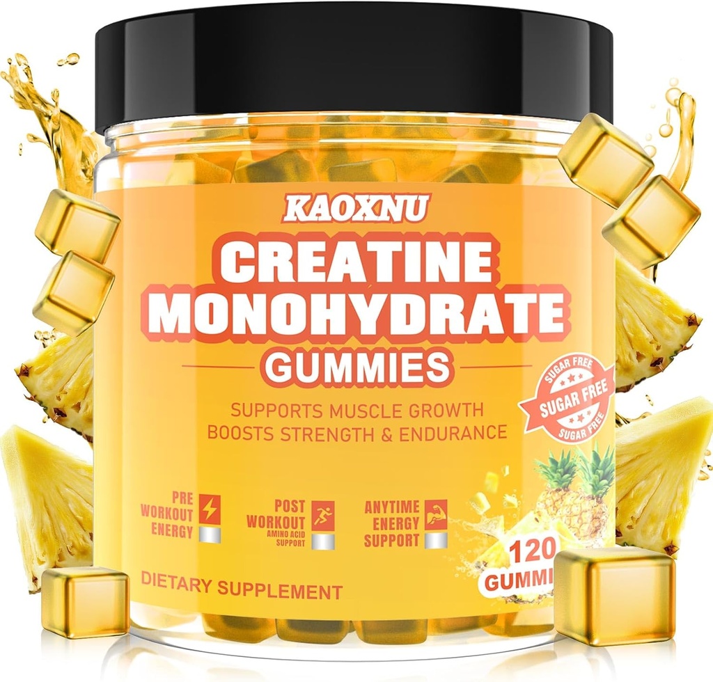 Erkekler ve kadınlar için 5600 mg, Kas Desteği için 120 CT Chewable Kretine Gummies 5600 mg - Sugar Free, Vegan (Pineapple Flavor)