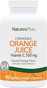 Natures Plus Orange Juice Chewable Vitamin C - 500 mg, 90 δισκία - Συμπλήρωμα Υποστήριξης Ανοσοποιητικής & Αγγειακής Υγείας υψηλής ισχύος, Αντιοξειδωτικό - Απαλό Στομάχι - Χορτοφαγικά, Χωρίς Γλουτένη - 90 Σερβιέτες