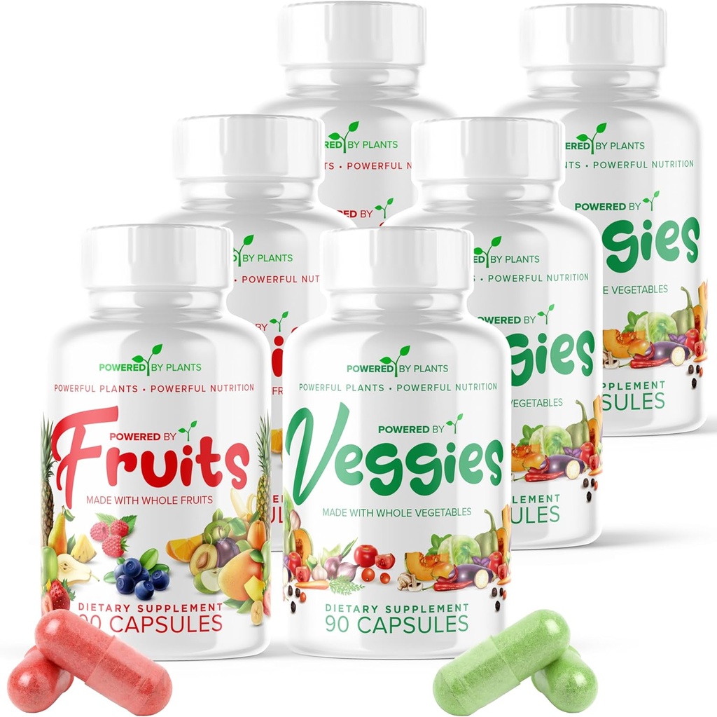 Κάψουλες Φρούτων & Veggie - Φυσικό Superfood Συσκευασμένο με Βιταμίνες & Ορυκτά - Συμπληρώματα Φρούτων & λαχανικών για Ενήλικες Συσκευασία των 6, 90 Καψουλών