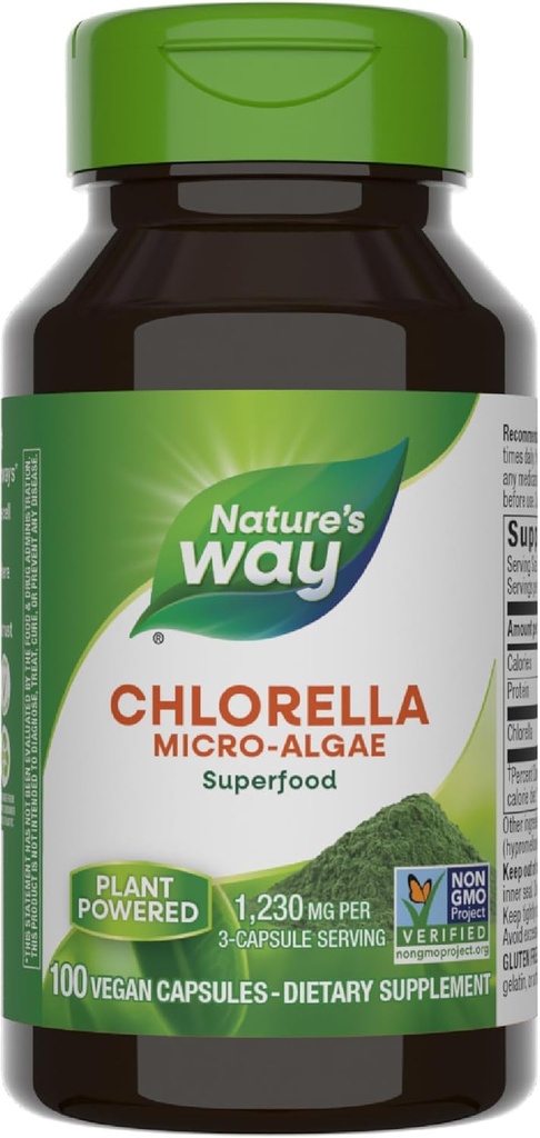 Nature's Way Chlorella Micro-Algae, Superfood, Supports Antioxy Pathways*, 3Capsule başına 1.230 mg, Vegan, Non-GMO Projesi Doğrulanmış, 100 Capsules (Package May Vary)
