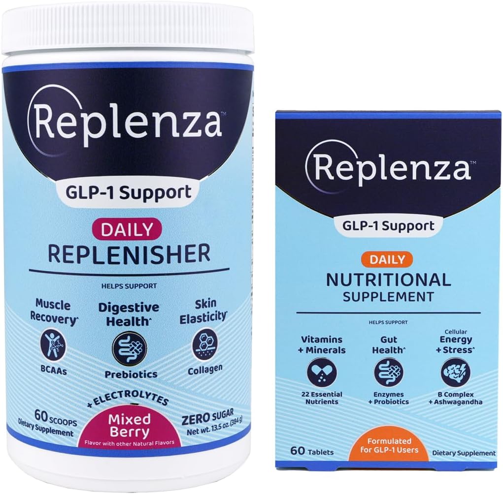 Replenza Daily GLP-1 Beslenme Destek Paketi – Temel Vitaminler ve Mineraller Gut Health (60 Tablet) + Günlük Replenisher Tozlu Asitler, Prebiyotikler ve Collagen (Berry, 60 Scoops)