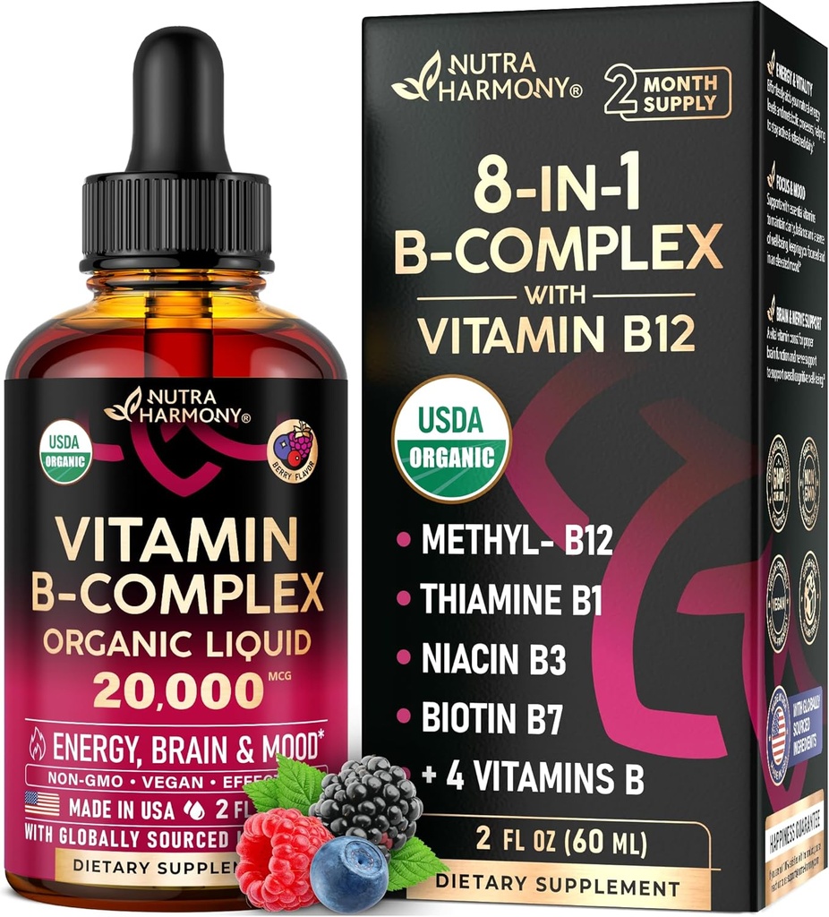 USDA Organik Vitamin B-Complex B5 Pantothenic Acid | B12 Mecobalamin | B1 Thiamine | B6 Pyridoksie | B7 Biotin | B9 Folic | B3 Niacinamid - B Kompleks Sıvı Ölçeği, ABD'de Tamamlandı