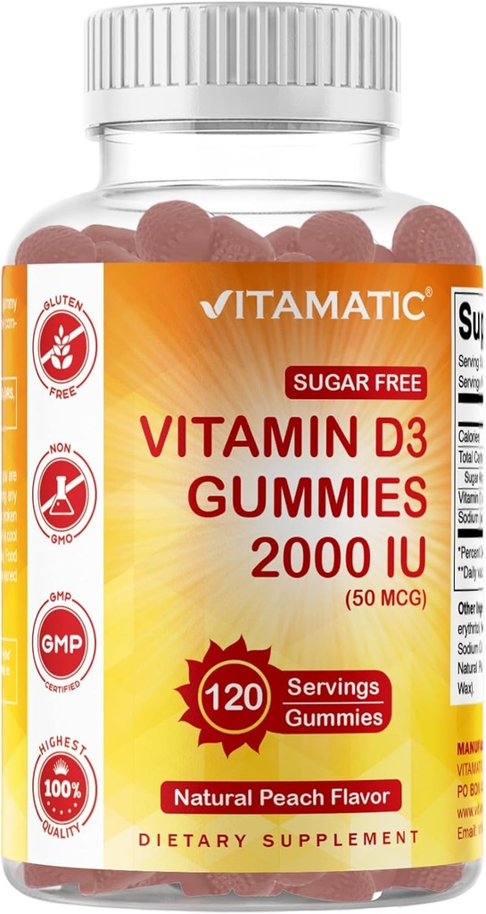 Vitamatic Sugar Free Vitamin D3 2000 IU - 120 Pectin Based Gummies - Great Taste - Sağlıklı Bones, Mood & Immune System Function - Non-GMO - 120 Hizmet