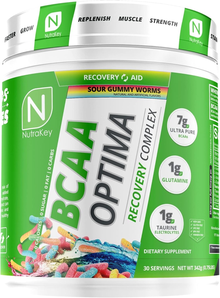 NutraKey BCAA Optima Post Workout Recovery Complex, No Sugar, No Carb, Recovery Aid, Sour Gummy Worms