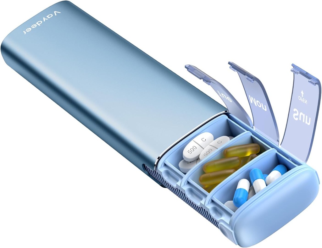 Vaydeer Metal Seyahat Pill Organizer, 7 Günlük Pill Box, Büyük Kapasite Daily Cute Pill Case for Supplements, Pills, Vitaminler ve İlaçlar (Küçük, Mavi)