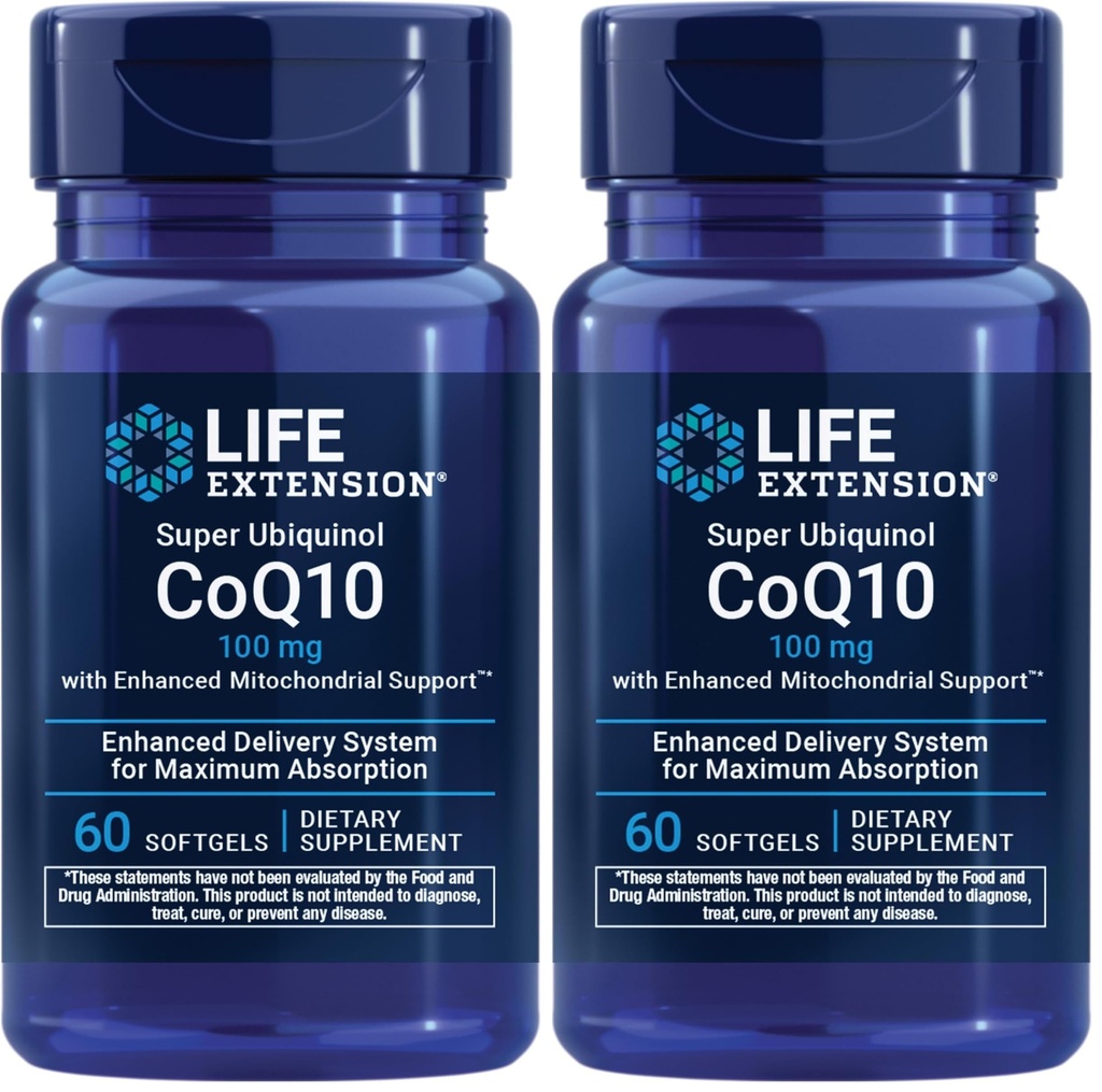 Life Extension Super Ubiquinol CoQ10 gelişmiş Mitochondrial Support, Potent Heart Health & Cellular Energy Production Support, Rain-absorbable,Gluten-Free,Non-GMO, 100 mg, 60 softgels (Pack of 2)