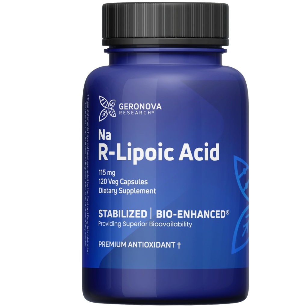 Geronova Research Bio-Enhanced R-Lipoic Acid, 115 mg Κάψουλες - 4 Μήνες Προμήθεια - Σταθεροποιημένο R Alpha Lipoic Acid συμπλήρωμα με ενισχυμένη απορρόφηση - 120 Count