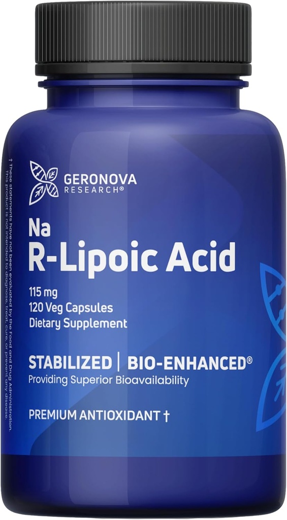 Geronova Research Bio-Enhanced R-Lipoic Acid, 115 mg Capsules - 4 Ay Supply - Geliştirilmiş Abpsiyon ile Stabilize R Alfa Lipoic Acid Supplement - 120 Count Count