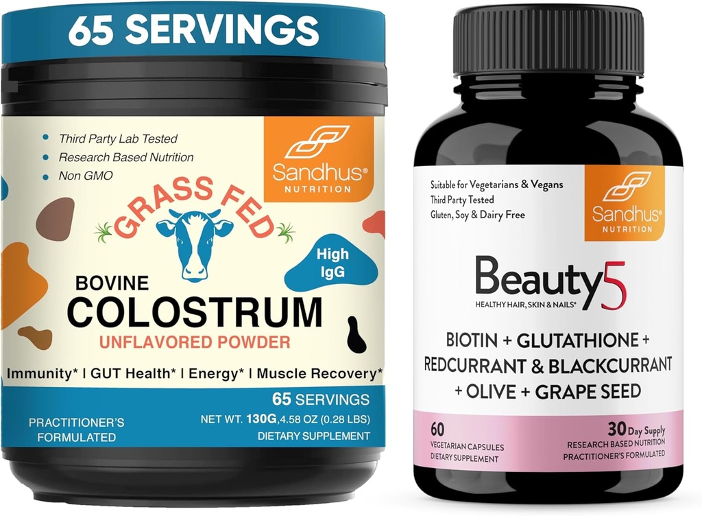 Sandhu's Pure Bovine Colostrum Toz Supplement for Humans & Beauty5 Vegetarian Capsules / Immune, Gut, Muscle, Hair, Skin ve Nail Health Support / Non-GMO