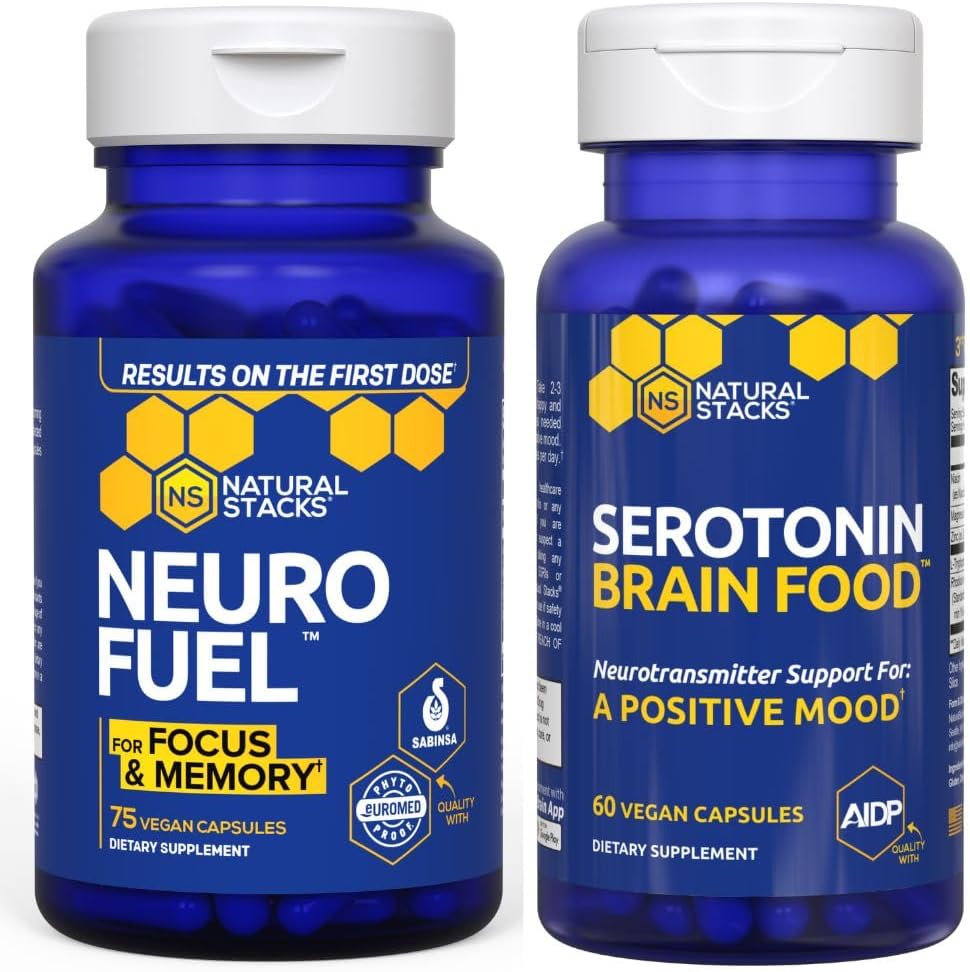 NATURAL STACKS NeuroFuel Nootropic + Σεροτονίνη Brain Food Bundle - Υποστηρίζει τη μνήμη, διάθεση και εστίαση* - 135 Σύνολο κάψουλες
