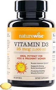 NatureWise Vitamin D3 1000iu (25 mcg) Immune Support, Sağlıklı Kas Fonksiyonu ve Bone Health - Non-GMO, Gluten Free in Organic Ekstra Virgin Zeytinyağı, (Mini Softgel), 200 Kont