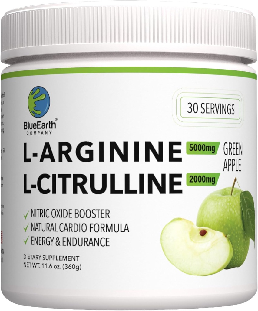 L-αργινίνη 5000mg + L-Citrulline 2000mg Complex Powder Supplement Drink Mix - Nitric Oxide Booster for Heart Health, Blood Flow & Energy - 30 Μερίδες (Green Apple)