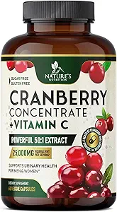 Cranberry Supplement Pills 25,000mg - High Potency Vitamin C Cranberry for Women & Men, Urinary Tract Health Support, Sugar Free, Gluten Free, Non-GMO, Cranberry Concentrate Extract - 120 Capsules