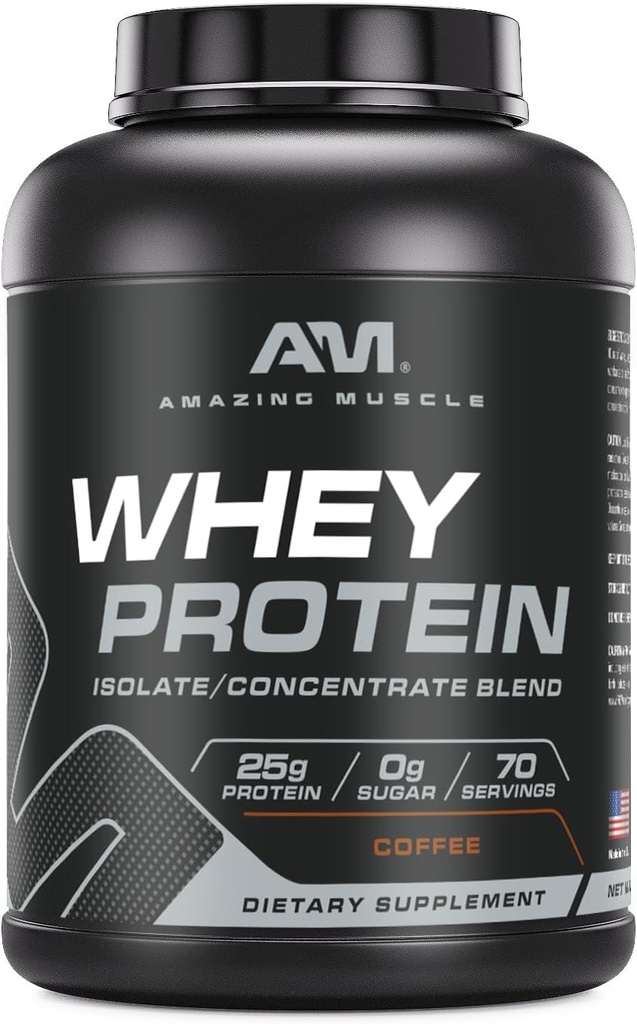 Amazing Muscle Whey proteini Isolate & Temp Mix | Kahve Flavor | 25 G protein | 5 LB (2.26 kg) | Non-GMO | Gluten-Free | Made in USA