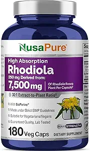 NusaPure Rhodiola Rosea 7,500 mg 180 Veggie Capsules (Non-GMO, 30:1, Vegan & Gluten-Free) Bioperine