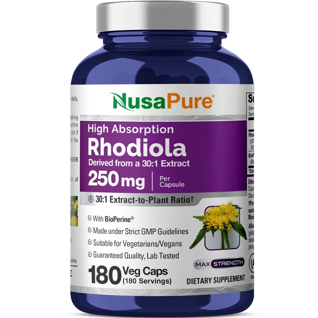 NusaPure Rhodiola Rosea 7,500 mg 180 Veggie Capsules (Non-GMO, 30:1, Vegan & Gluten-Free) Bioperine