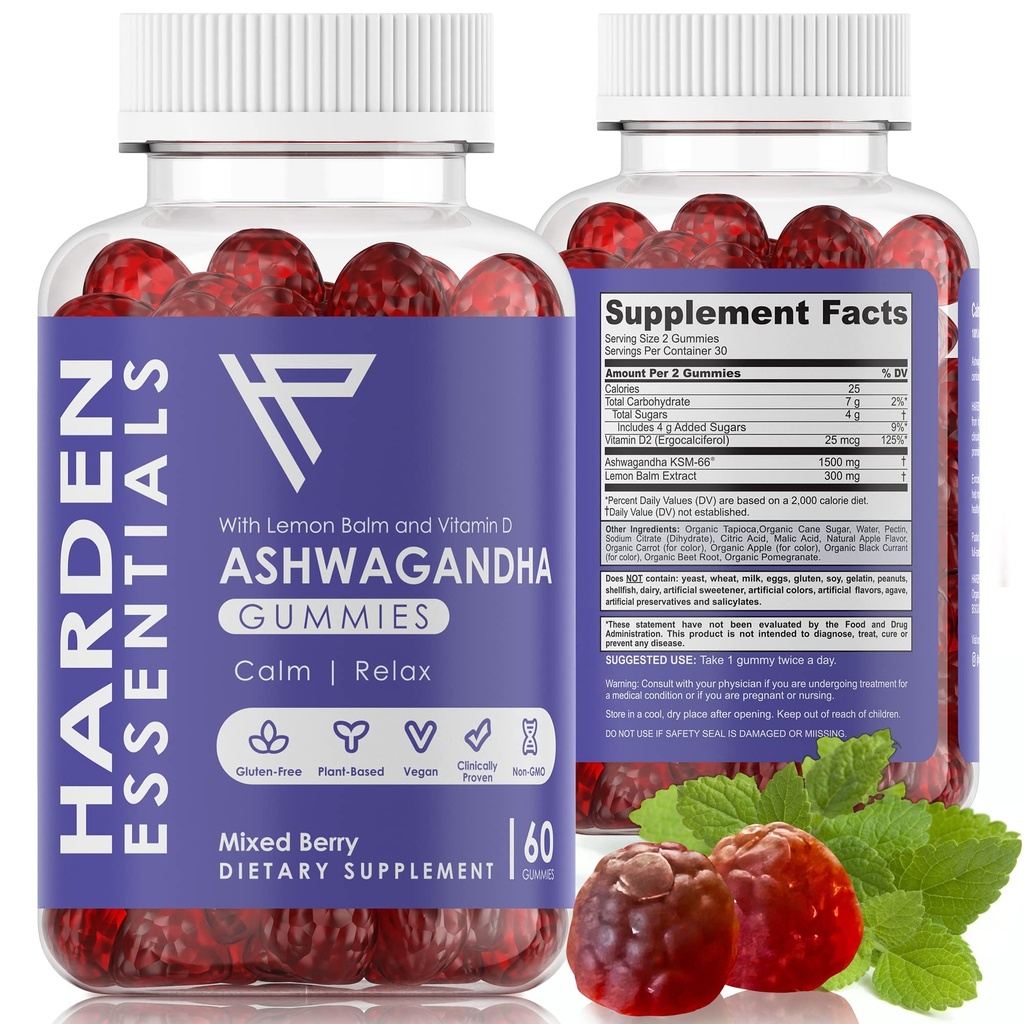KSM-66 Ashwagandha Gummies w/Lemon Balm & Vitamin D (Max Strength 750mg per Gummy) - Herbal Vegan & Gluten Free - Χαλάρωση ηρεμίας - Υποστήριξη Στρες - Gummies for Adults Kids Women Men (60 Count)