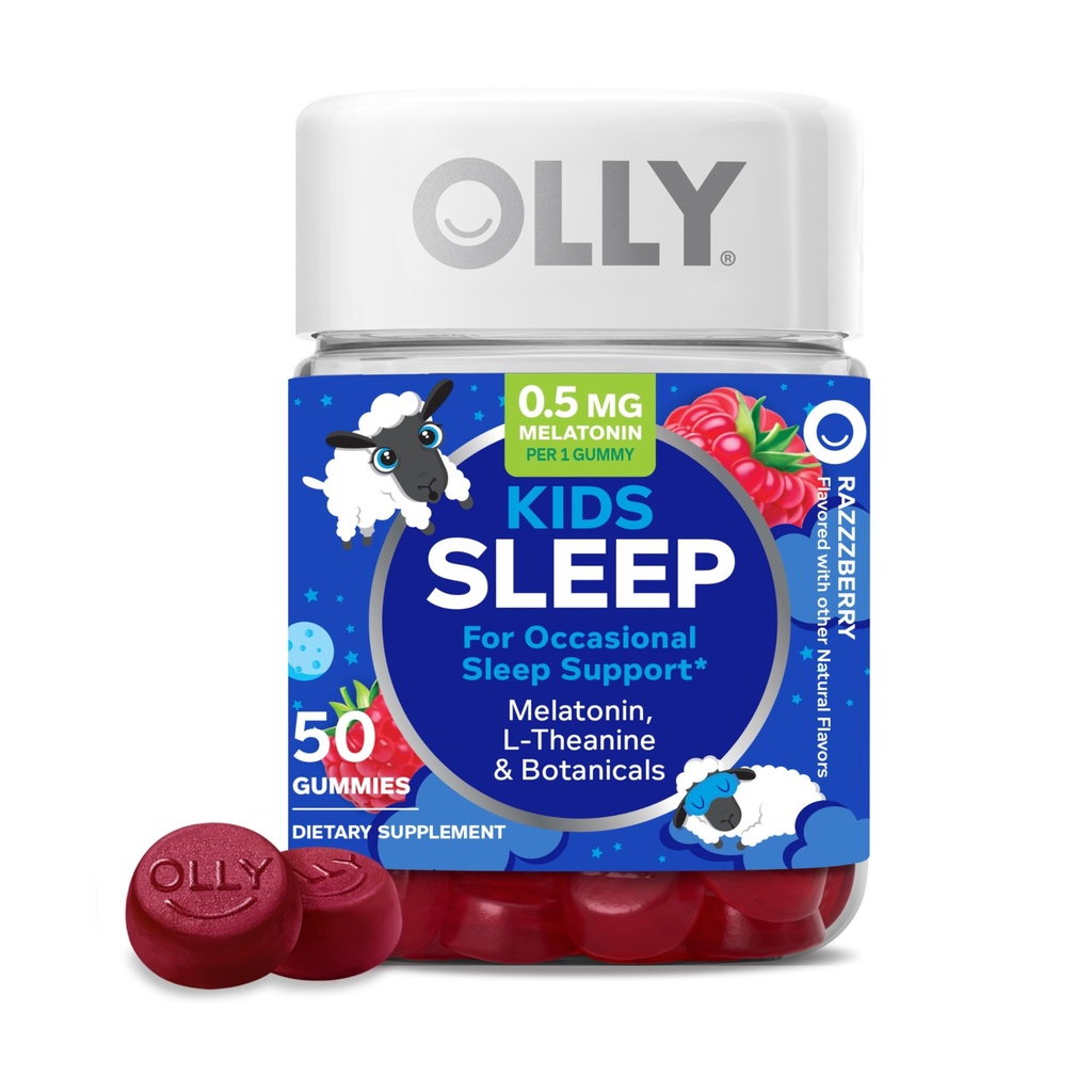 OLLY Kids Sleep Gummy, 0.5mg Μελατονίνη, L Theanine, Χαμομήλι, και Lemon Balm, Children Chewable Supplement, Raspberry - 50 Count