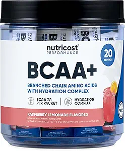 Nutricost BCAA+ Hydration Raspberry Lemonade (20 Stickpacks) - Branşlı Zincir Amino Asitler Hydration Kompleks - Gluten-Free, Non-GMO