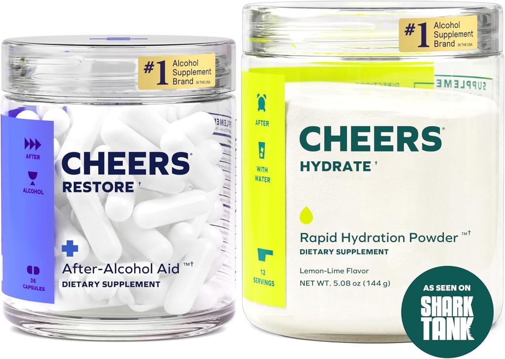 Cheers Classic Combo | Restore + Hydrate | Rehydrate & Feel Better After Drinking | DHM, L-Cysteine, B-Vitamins, Electrolytes | 12 Doses Each | Liver Support | Electrolyte Supplements