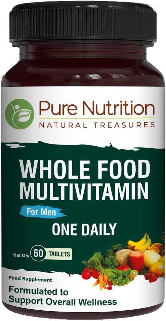 Pure Nutrition Whole Food Multivitamins for Men | 60 Tabs | One-A-Day | 100% RDA | 24 Doğal Vitaminler ve Mineraller | Tüm Doğal Bitki Temel Erkeklerin Çok Vitamini | 2 Ay Supply