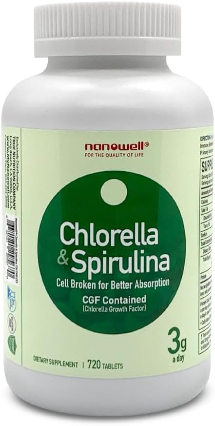 NANOWELL Chlorella & Spirulina 720 Tabletler - Chlorella, Spirulina, Antioksiler, Vitaminler, Proteinlerde Zengin, Kırık Hücre Duvar (720 Kont)