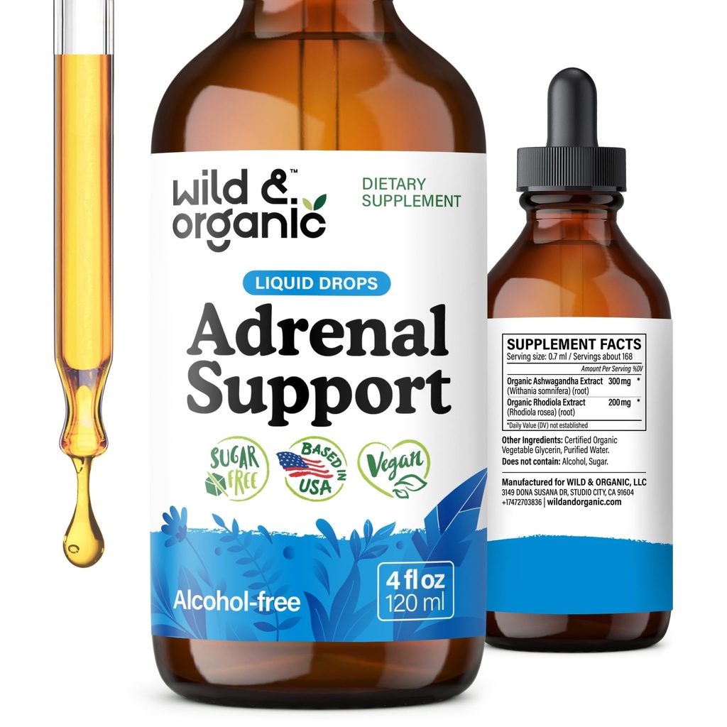 Wild & Organic Adrenal Support Drops for Pozitif Outlook - Natural Adrenal Support Supplements for Women and Men - Vegan, No Sugar & Alkol - 2-Month Supply - 4 fl ozzz