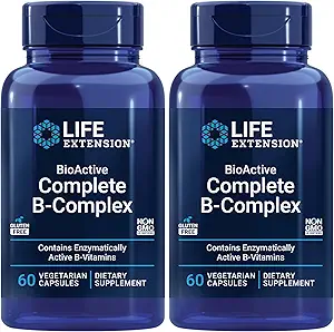 Life Extension Bioactive Complete B-Complex, Heart, Brain and Nerve Support, Healthy Energy, Metabolism, Complete B Complex, 60 Vegetarian Capsules (Pack of 2)