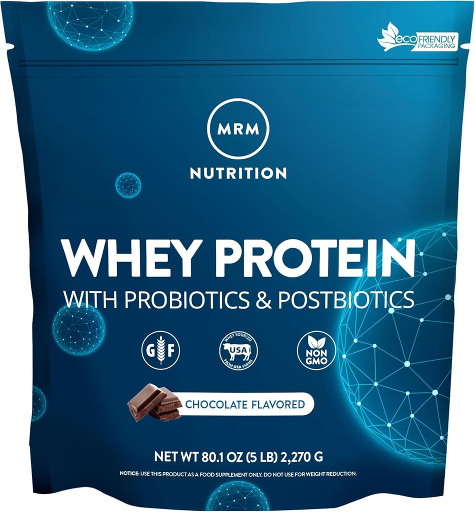 MRM Nutrition Whey Protein | Chocolate Flavored | 18g Protein | with 2 Billion probiotics + Digestive enzymes + BCAAs | High Absorption + Digestion | Hormone + antibiotic Free | 87 Servings