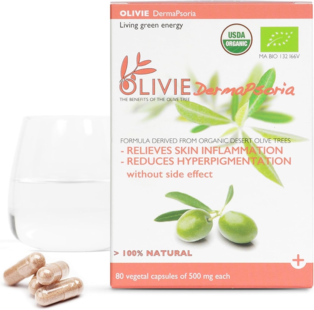 Organic Olive Leaf Extract Supplement for Women and Men by OLIVIE | DermaPsoria Supplement for Psoriasis, Eczema, Hyperpigmentation | Olive Oil Capsules | Antioxidant Polyphenols | 80 Vegetal Capsules