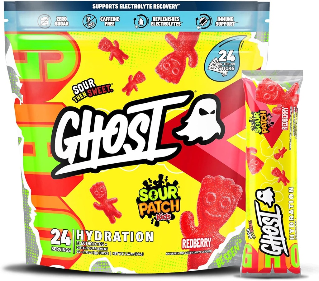 GHOST Hydration Packets, Sour Patch Kids Redberry, 24 Sticks, Electrolyte Toz - Magnezyum ile Mix Supplement, Pyum, Kalsiyum, C - Vegan, Soy, Sugar & Glutenten