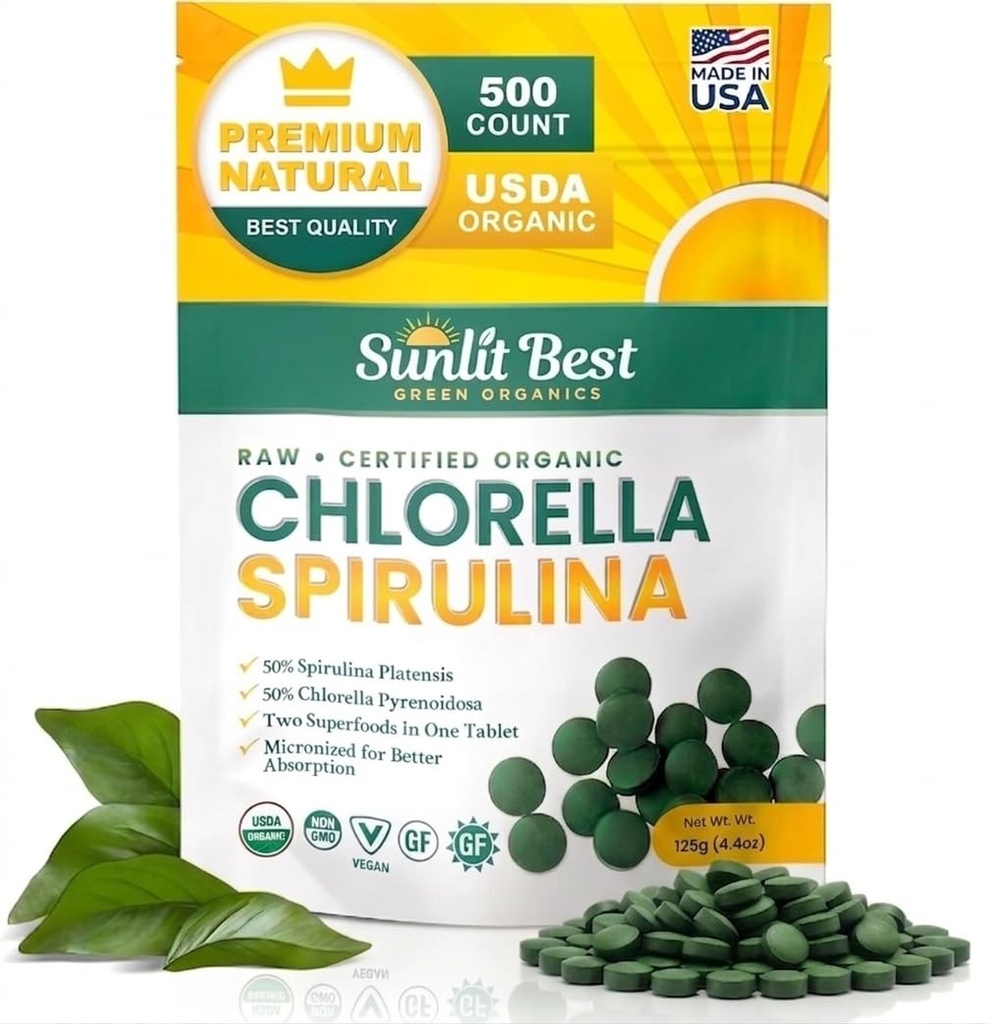 Sunlit Best Chlorella Spirulina Tablets - Organic USDA, Premium Spirulinas and Chlorella Capsules 500 Pills - Chlorellas Natural Superfood with Spirulina Algae, Enzymes Chlorophyll & Vegan Protein
