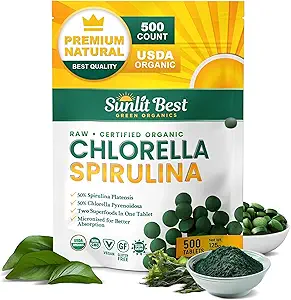 Sunlit Best Chlorella Spirulina Tablets - Organic USDA, Premium Spirulinas and Chlorella Capsules 500 Pills - Chlorellas Natural Superfood with Spirulina Algae, Enzymes Chlorophyll & Vegan Protein