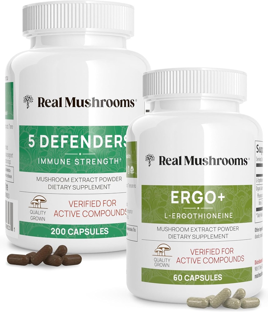 Real Mushrooms Ergothioneine (60ct) ve 5 Defenders (200ct) Scheking, Reishi, Chaga, Maitake, Oyster - Natural Longevity ve Immune Strength - Vegan, Gluten Free, Non-GMO