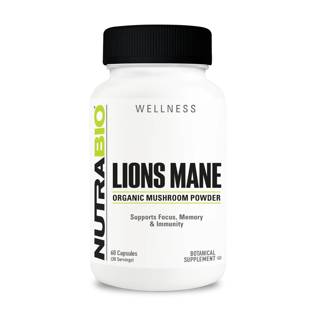NutraBio Lions Mane Συμπληρώματα κάψουλες- οργανική σκόνη μανιταριών λιονταριών (500mg)- Εστίαση, μνήμη, ασυλία - 60 κάψουλες λαχανικών