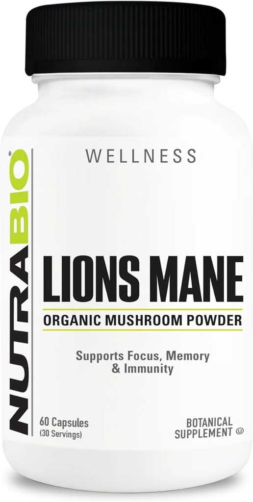 NutraBio Lions Mane Supplement Capsules- Organic Lion's Mane Mushroom Powder (500mg)- Focus, Memory, Immunity - 60 Vegetable Capsules