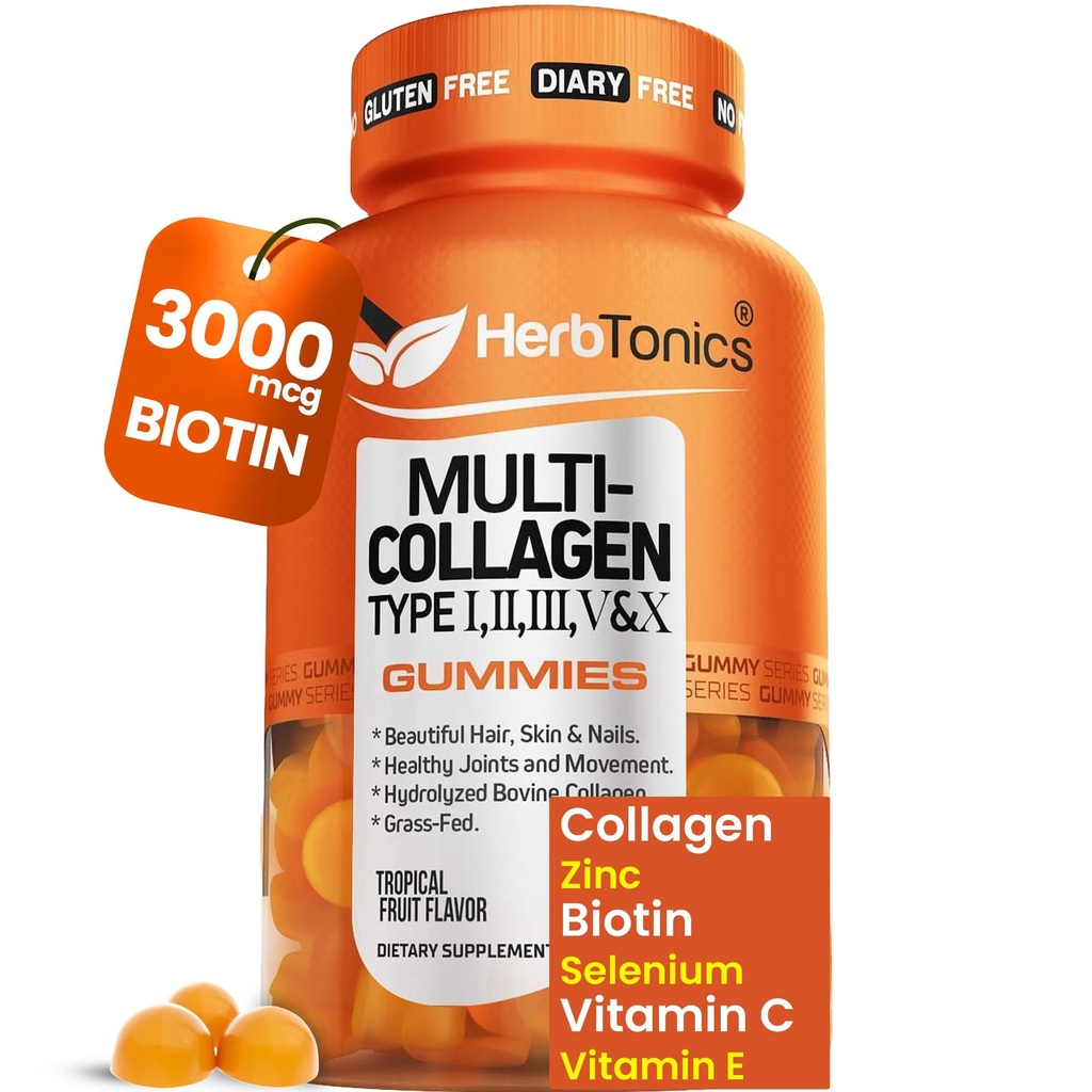 Herbtonics Multi Collagen Gummies with Biotin & Vitamin C, Hydrolyzed Collagen I Tipleri I, II, III, V, X for Hair, Skin, Nails, & Bone Support - Tropikal Flavor, 60 Gummies