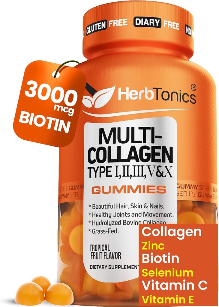 Herbtonics Multi Collagen Gummies with Biotin & Vitamin C, Hydrolyzed Collagen I Tipleri I, II, III, V, X for Hair, Skin, Nails, & Bone Support - Tropikal Flavor, 60 Gummies
