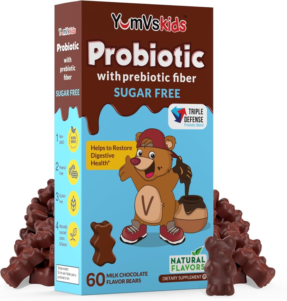 YumVs Probiotics for Kids with Prebiotic Fiber Sugar Free Chocolate Chewable Supplements - Dietary Supplement Chewables for Digestive Health - Toddlers, Kids & Teens 60 Count