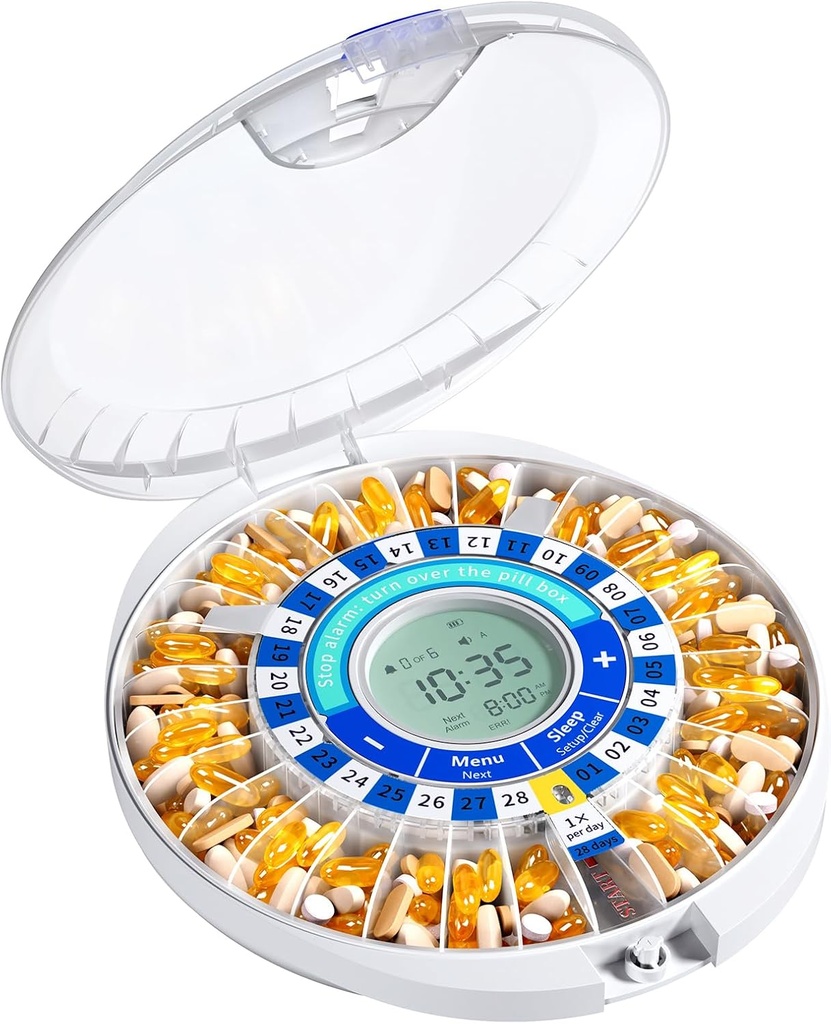 Daviky Otomatik Pill Perde ile Yaşlılık, 28 Günlük Elektronik Kilitli Pill Box, İlaçlar için Ses & Işık Hatırlatıcıları, Vitaminler ve Supplements (Mavi)